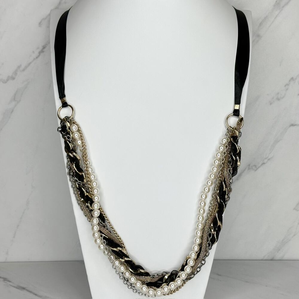 Faux Pearl Black Ribbon Mixed Chain Necklace ✨